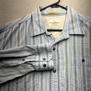 Tommy Bahama Jeans Large Striped Button Down Shirt Blue Long Sleeve Mens